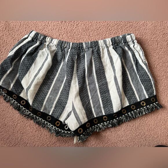 American REWASH Large linen blend rope tie shorts boho pockets fringe grommets - Picture 2 of 5